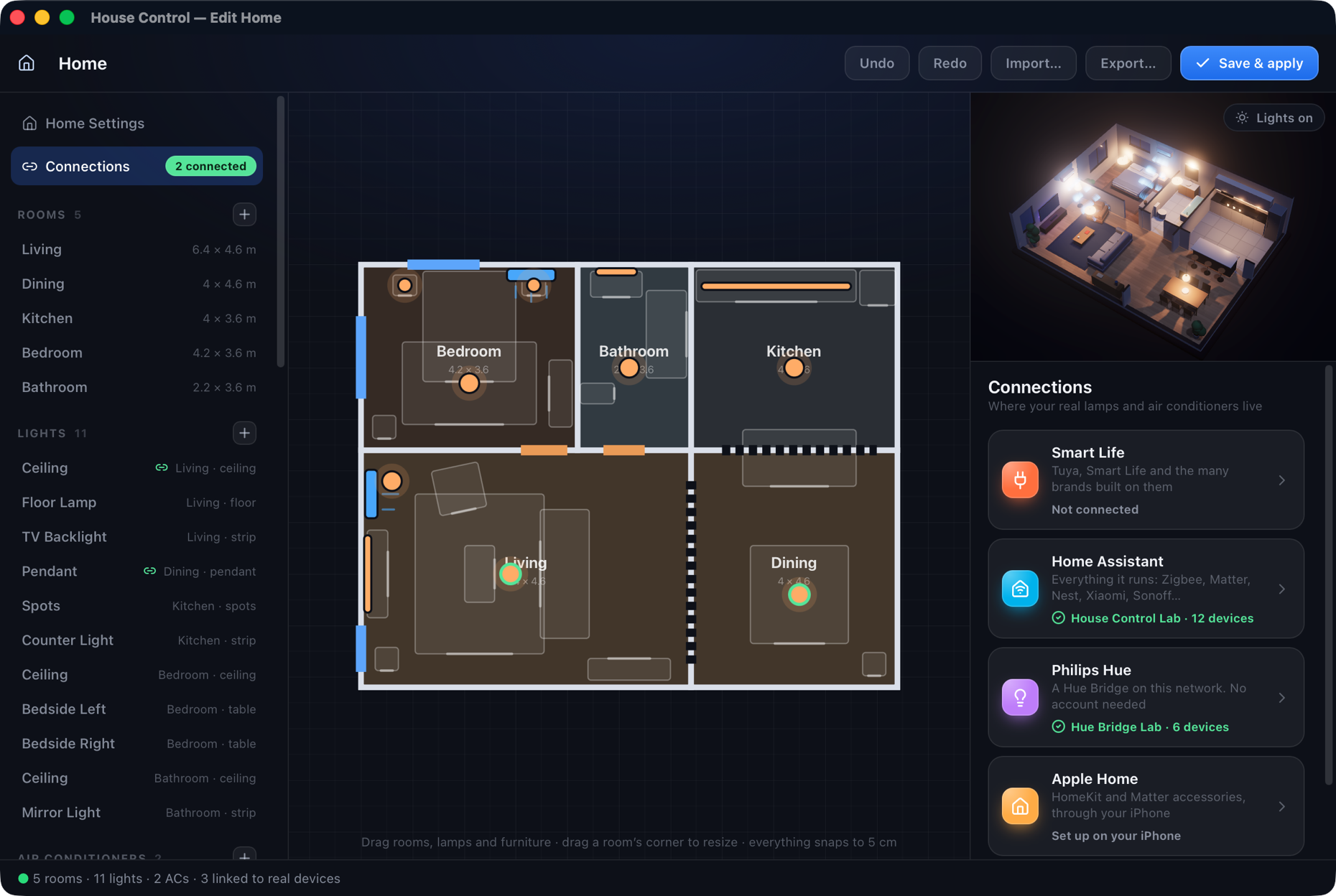 The editor's Connections: Smart Life, Home Assistant, Philips Hue and Apple Home