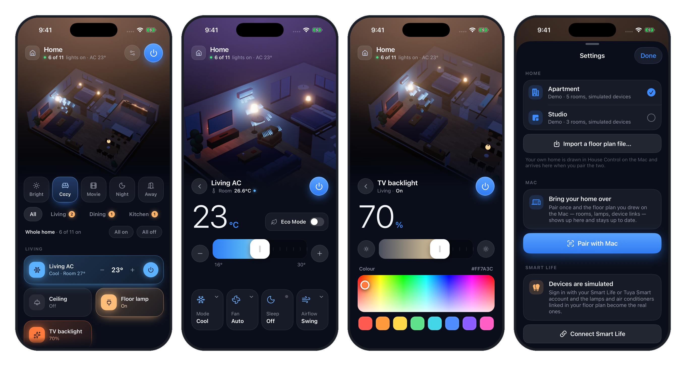 The iPhone app: home, an air conditioner, a colour light and settings