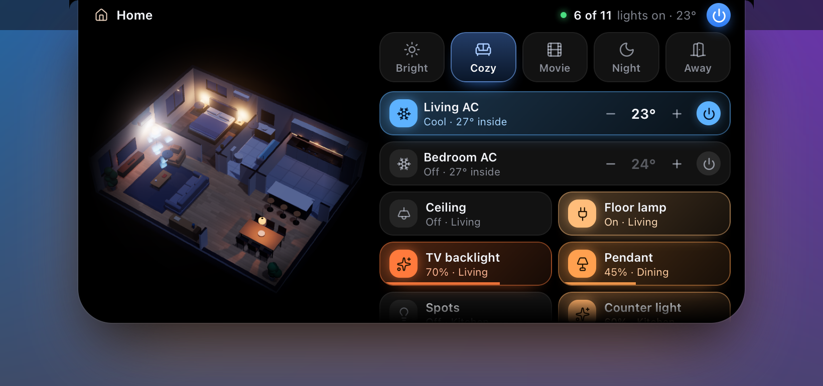The island, open: a 3D model of the home, scenes and devices