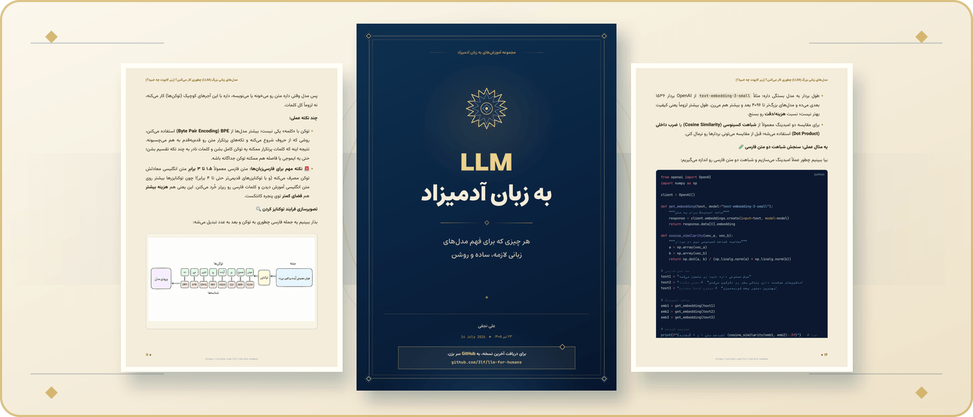 کاور و صفحه‌های واقعی کتاب LLM به زبان آدمیزاد
