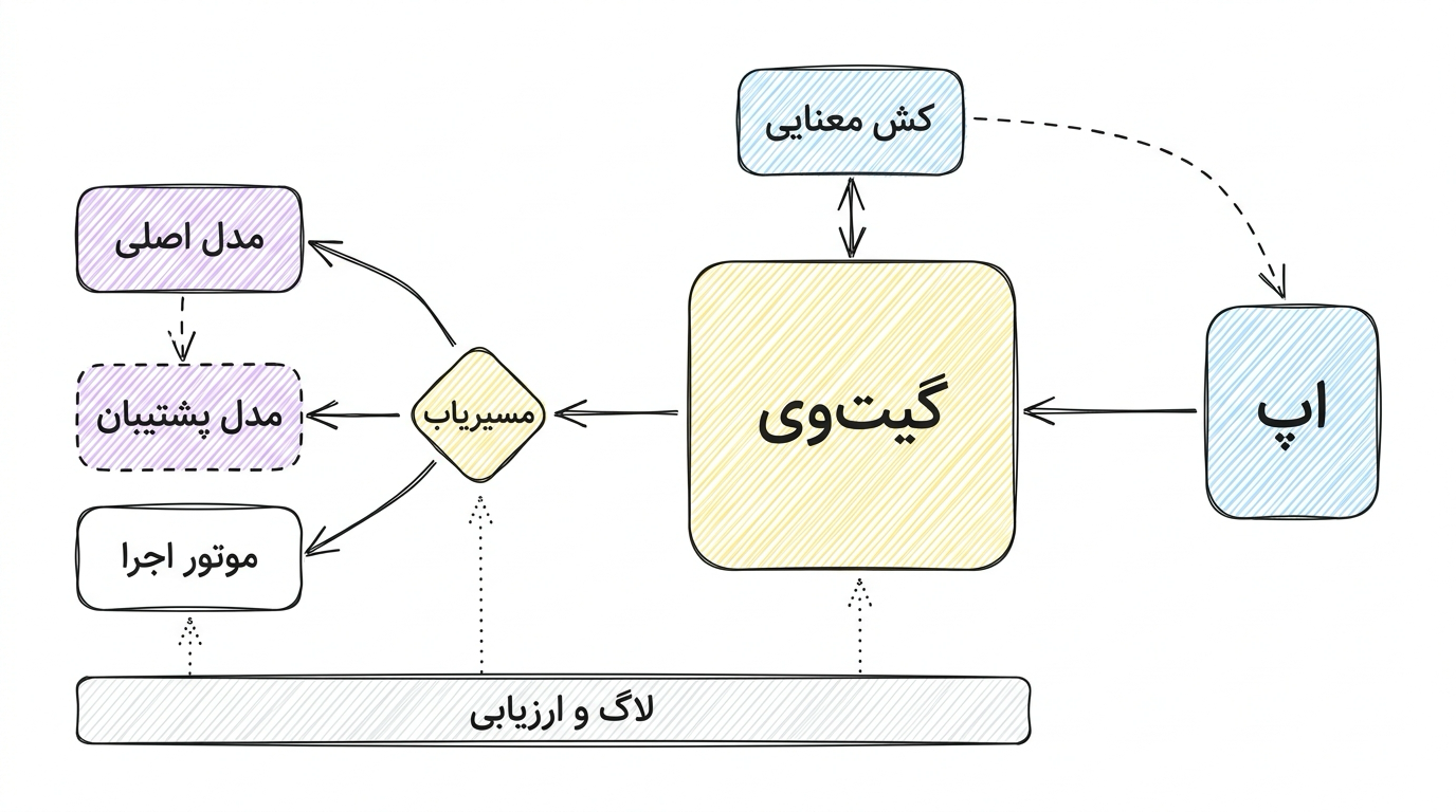 اپی که از راه گیتوی، کش معنایی و مسیریاب به مدل اصلی، پشتیبان یا موتور اجرا وصل میشه