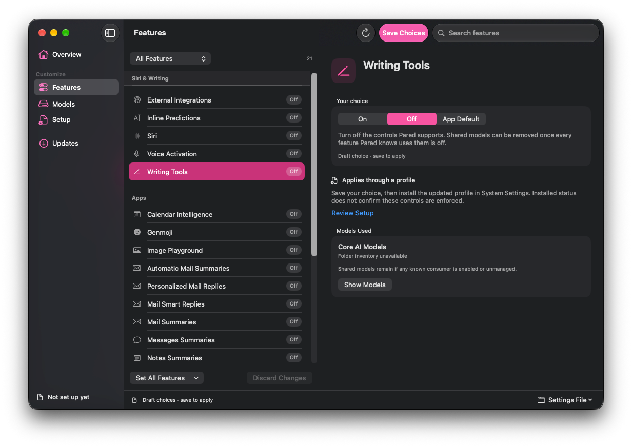 Pared’s Features page with Writing Tools set to Off in the draft choices