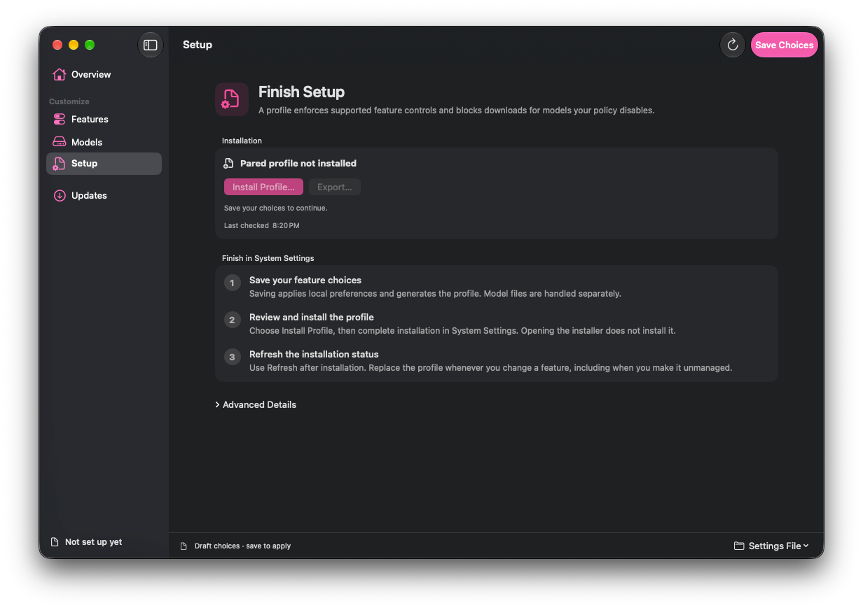 Pared’s Setup page with profile installation status and the steps to save choices, install the profile, and refresh