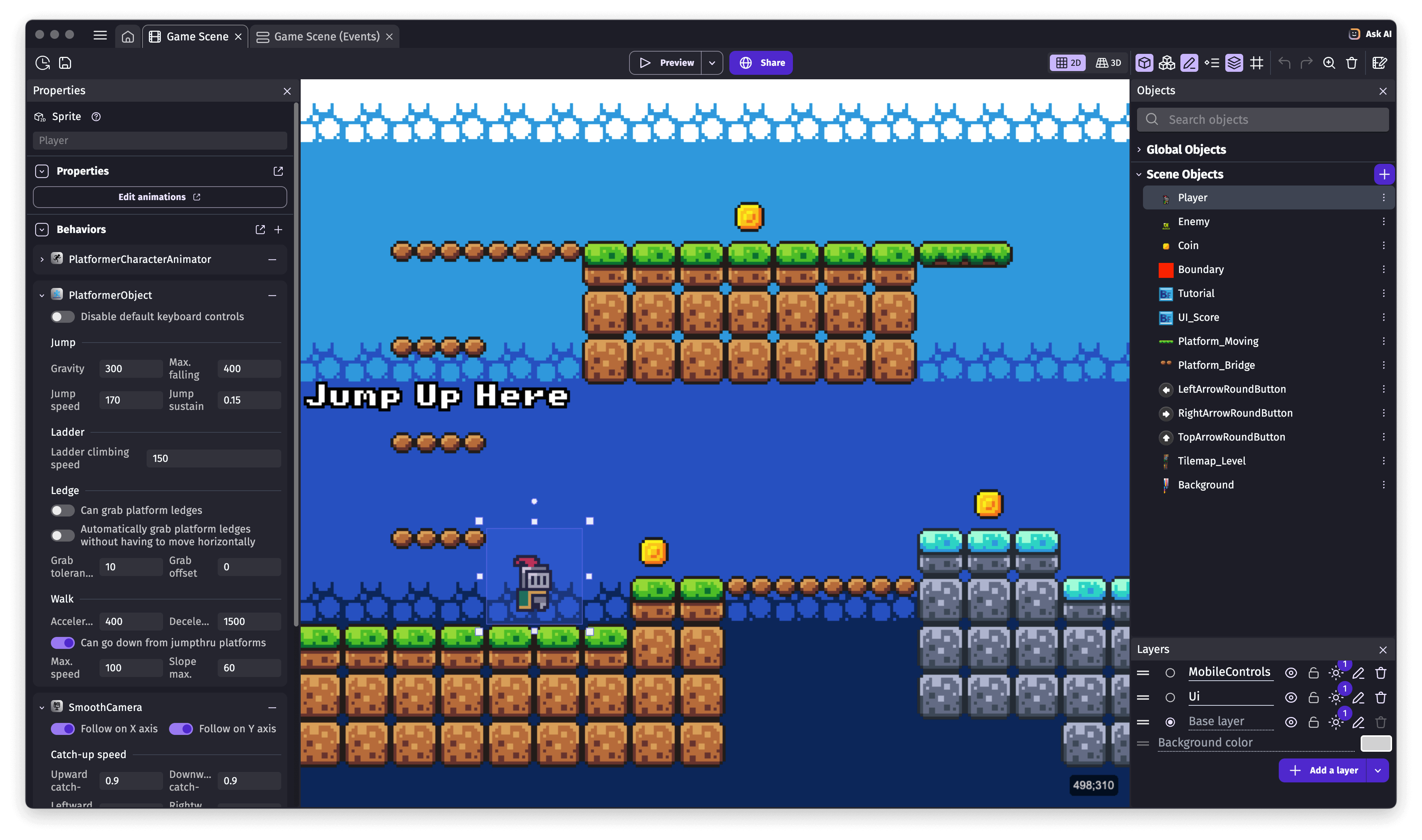 The GDevelop editor when editing a 2D game level The GDevelop editor when editing a game level
