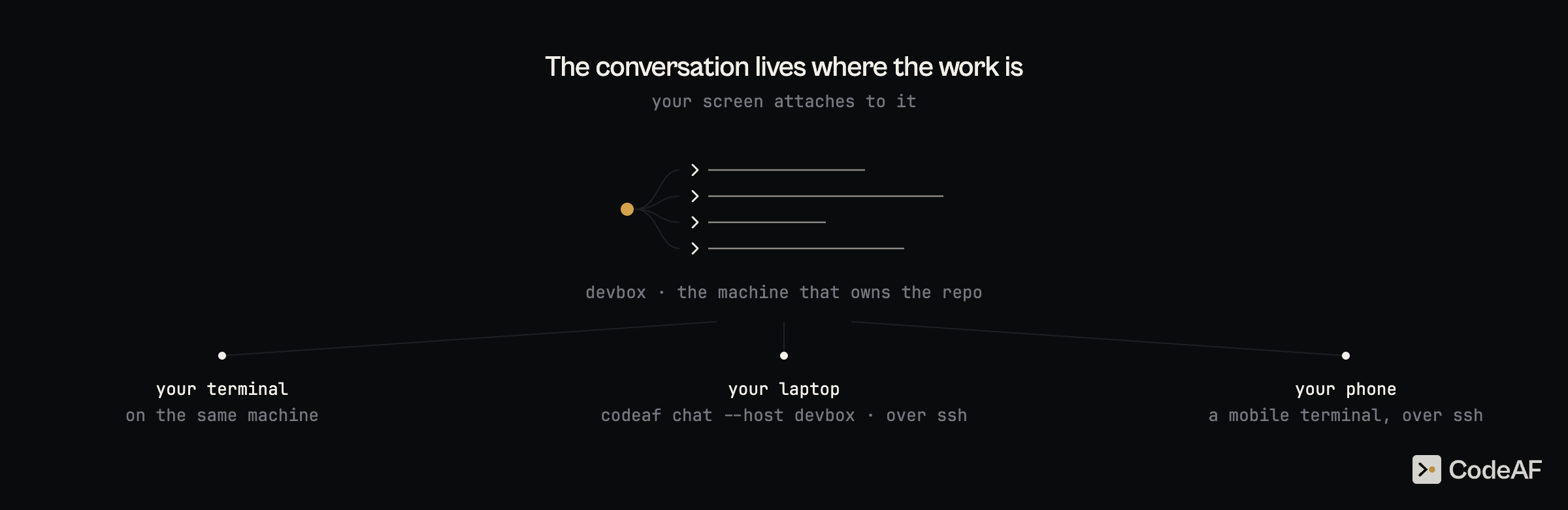 one conversation on devbox; your terminal on the same machine, your laptop over ssh, and your phone from a mobile terminal over ssh all attach to it
