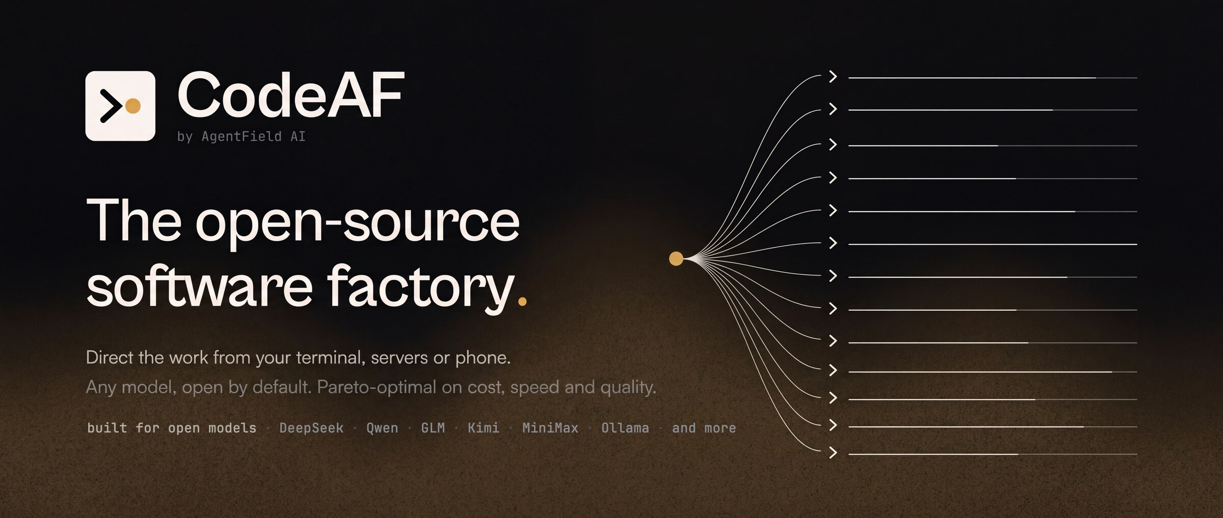 CodeAF, the open-source software factory. Direct the work from your terminal, servers or phone. Built for open models: DeepSeek, Qwen, GLM, Kimi, MiniMax, Ollama and more.