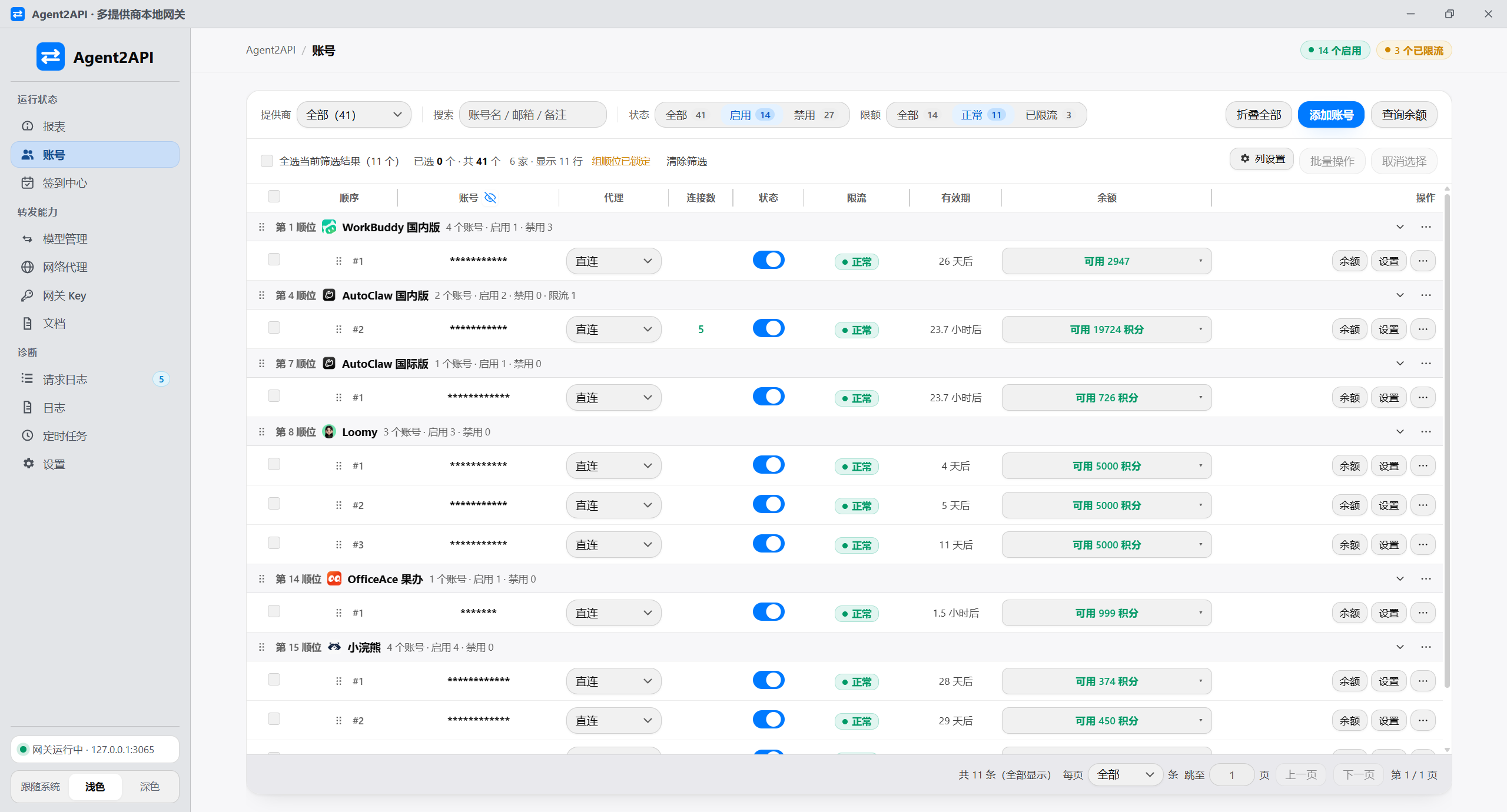 账号管理页:全局队列、按模型限额冷却、有效期与余额