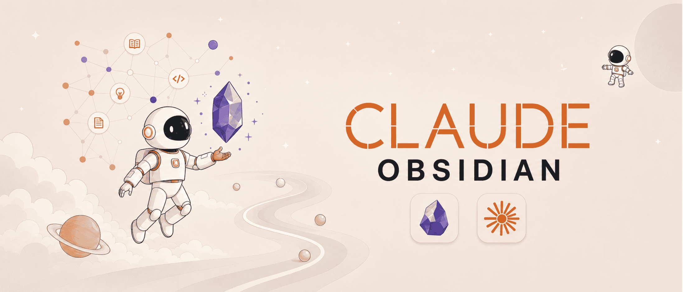 claude-obsidian cover featuring an astronaut, the Obsidian crystal, and a connected knowledge graph