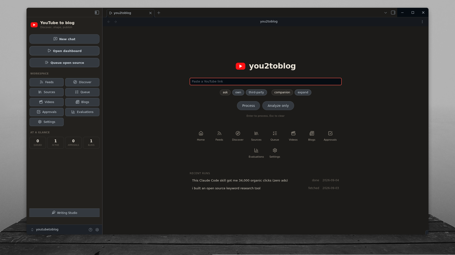 Home dashboard with video input, rights and writing mode selectors, navigation, and recent runs