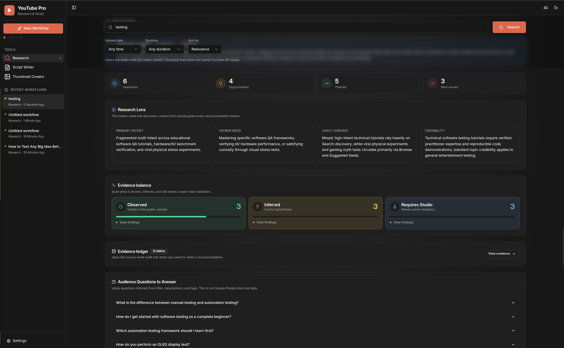 YouTube Pro AI Insights with visual summaries, evidence balance, and an expandable evidence ledger