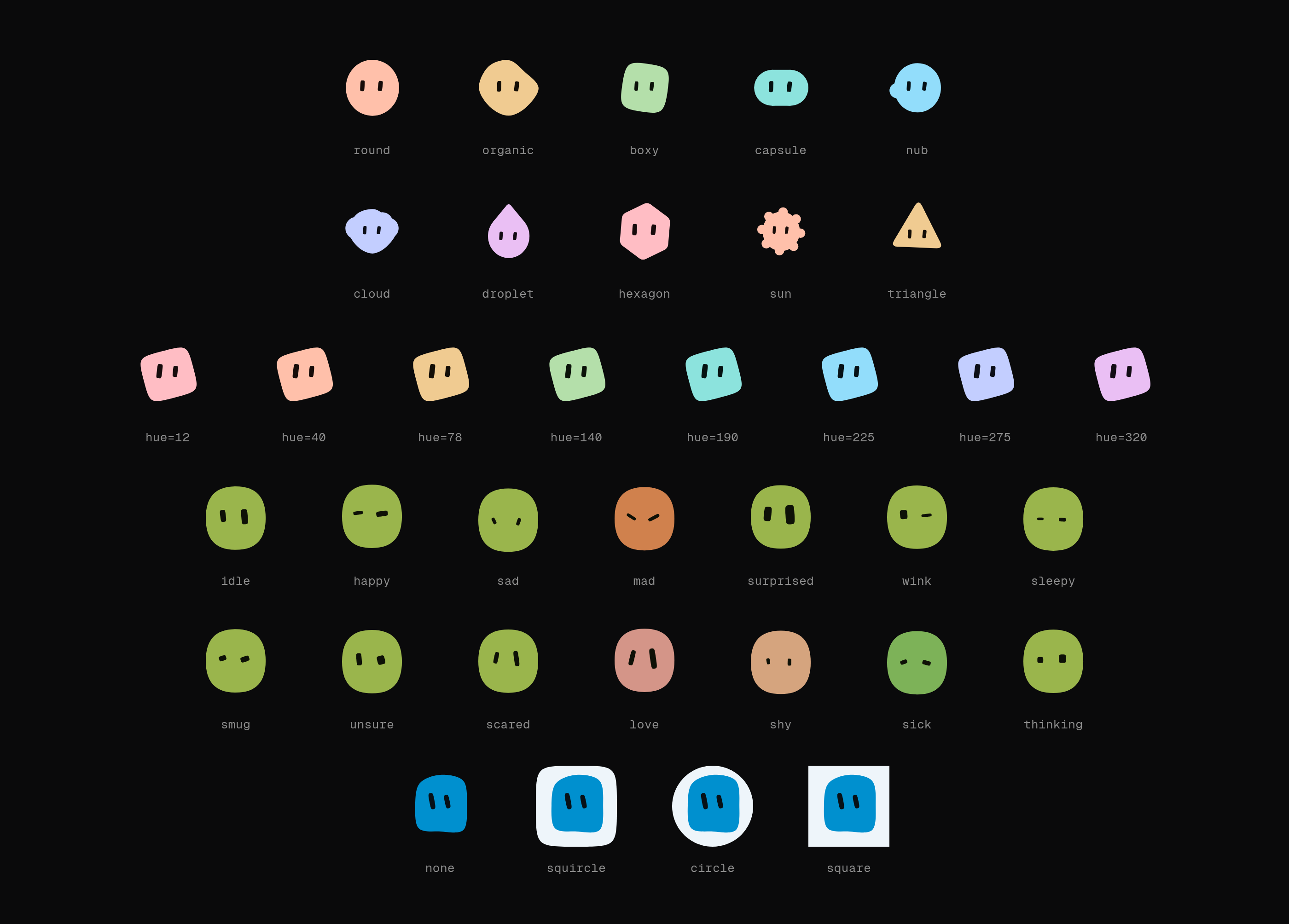 The ten silhouettes from round and organic through capsule, triangle, hexagon and droplet; the eight hue stops from 12 to 320 degrees; the fourteen expressions from idle through happy, sad and mad to love, shy, sick and thinking; the four backgrounds none, squircle, circle and square