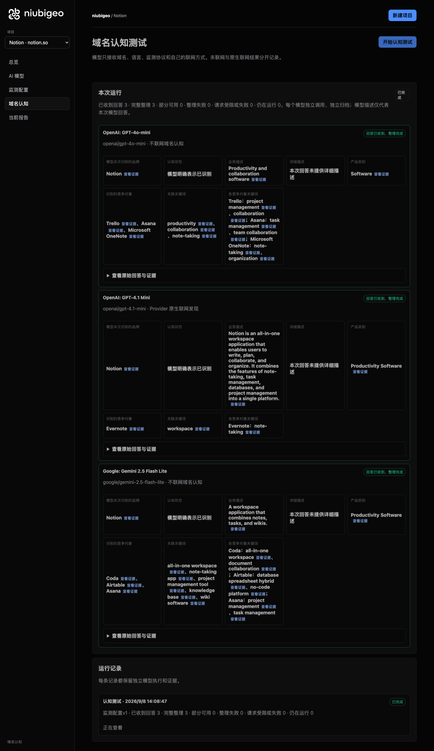 Notion: descriptions, competing products and keywords returned by three models