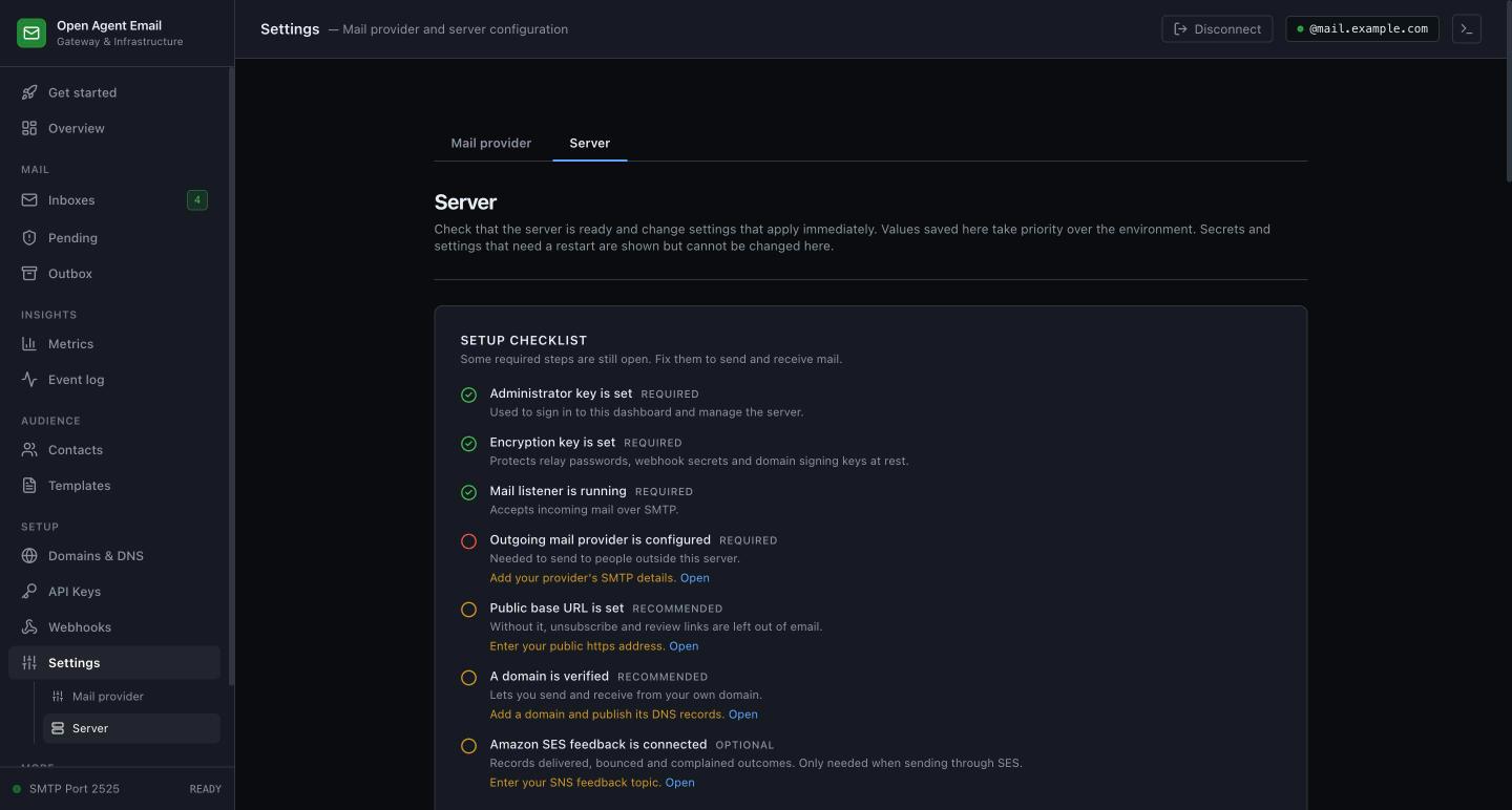 Server settings page with a setup checklist