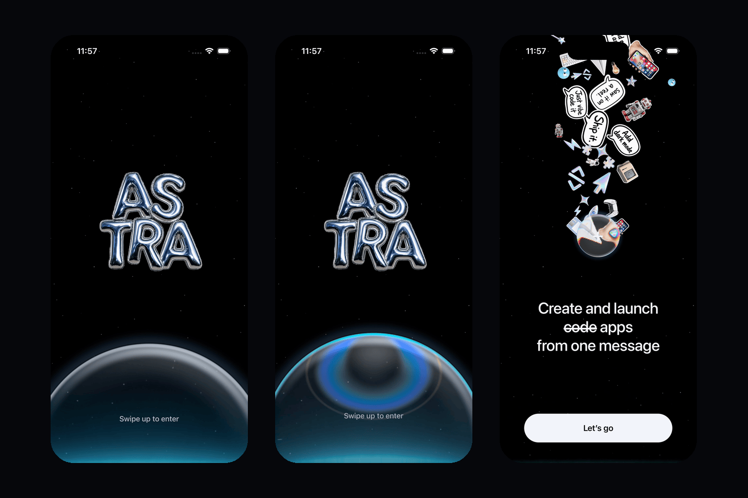 Cookbook 2, Astro: the night liquid-glass welcome screen at the gate, mid-swipe, and open