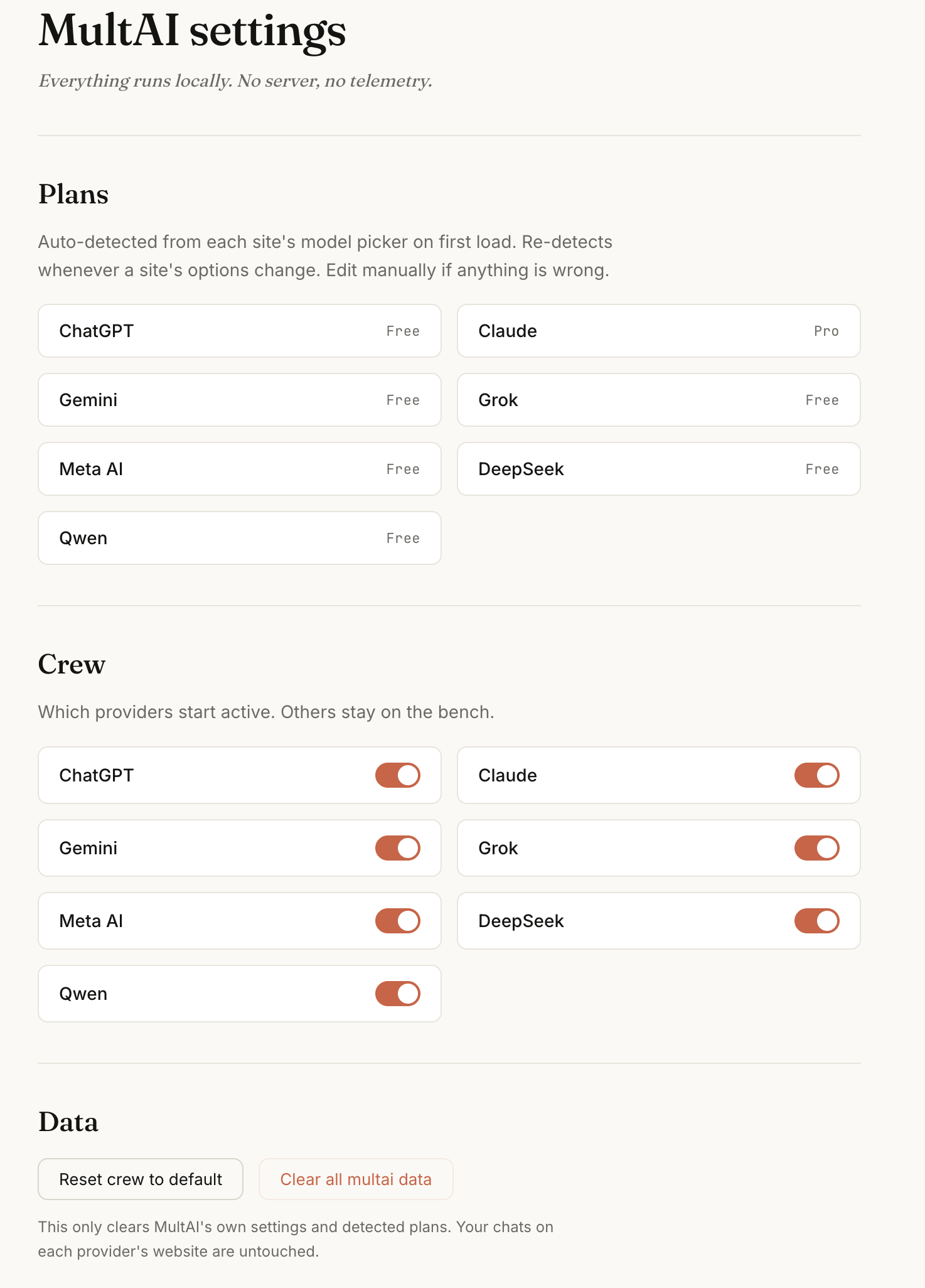 Settings page