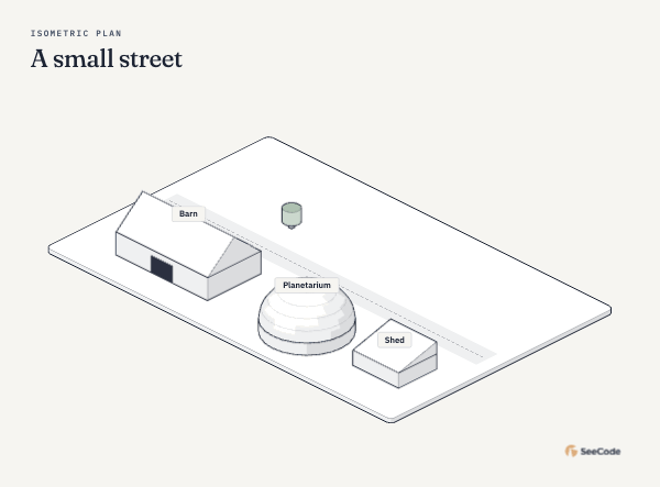 Isometric street with roofs and a dome, animated