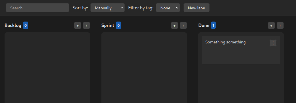 Screenshot of the app. There are 3 lanes, Backlog, Sprint and Done. Within Done there is one file named "Something something"