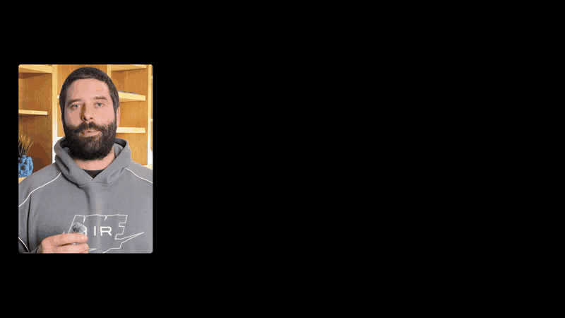 A transparent panel animating beside a picture-in-picture shot of the speaker