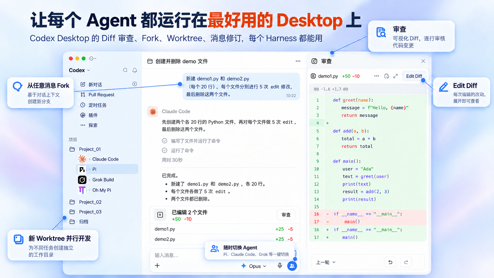 Claude Code, Pi, Grok Build, and Oh My Pi sessions running in Codex Desktop, with Diff review, Fork, Worktree, and Agent switching