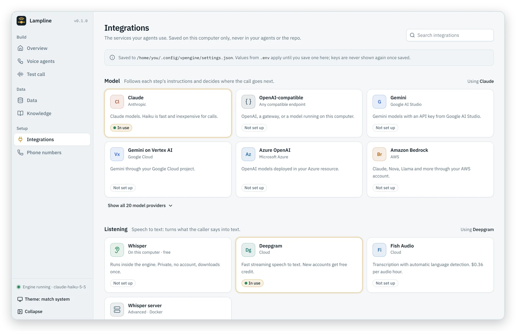 Integrations: model providers as tiles, with the one in use highlighted