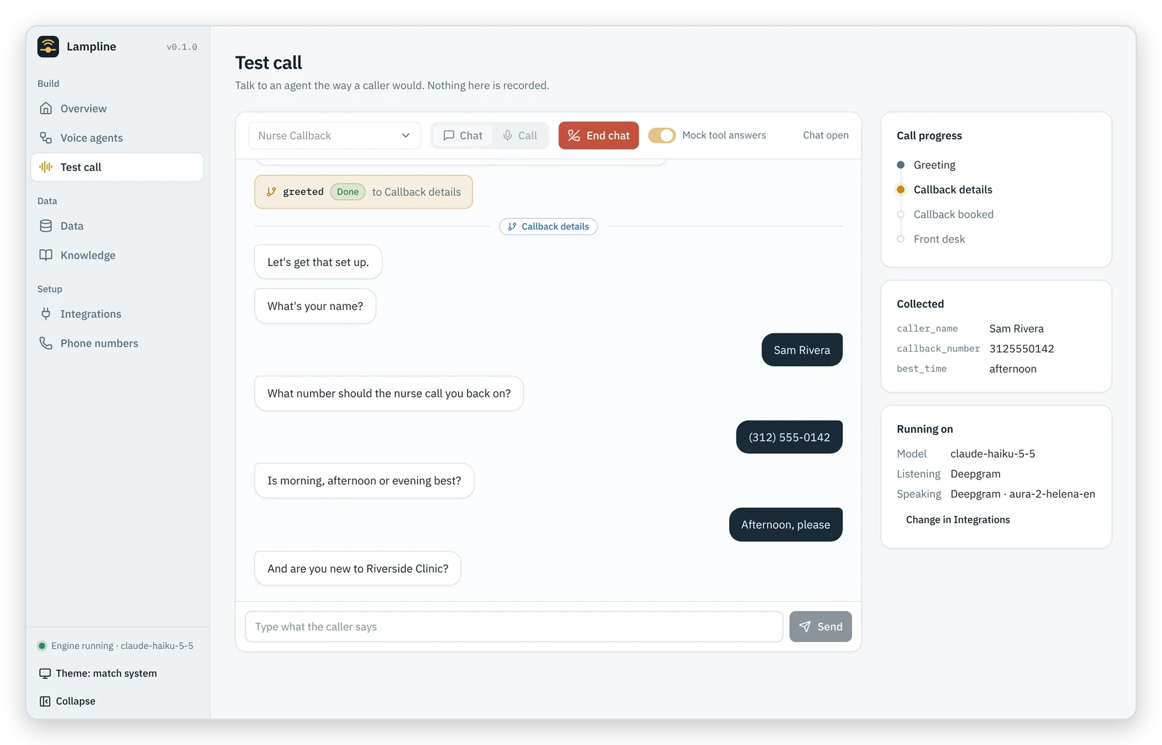 Test call: a chat with a scripted agent, the step it's on, and the details it collected