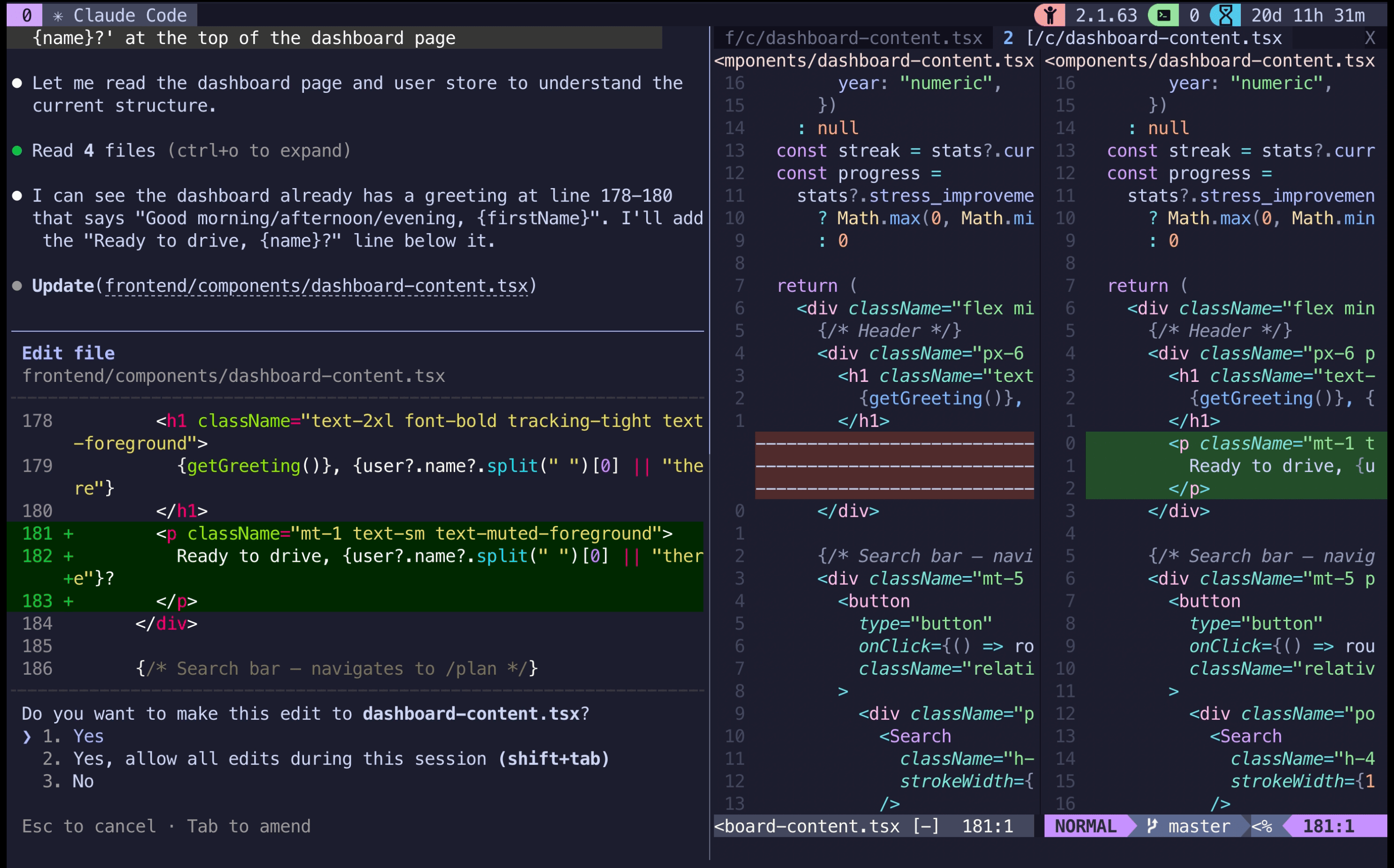A proposed AI edit shown as a side-by-side diff in Neovim