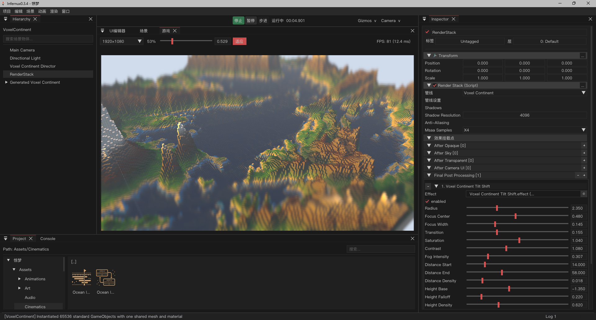 An Infernux editor scene containing 65,536 GameObjects