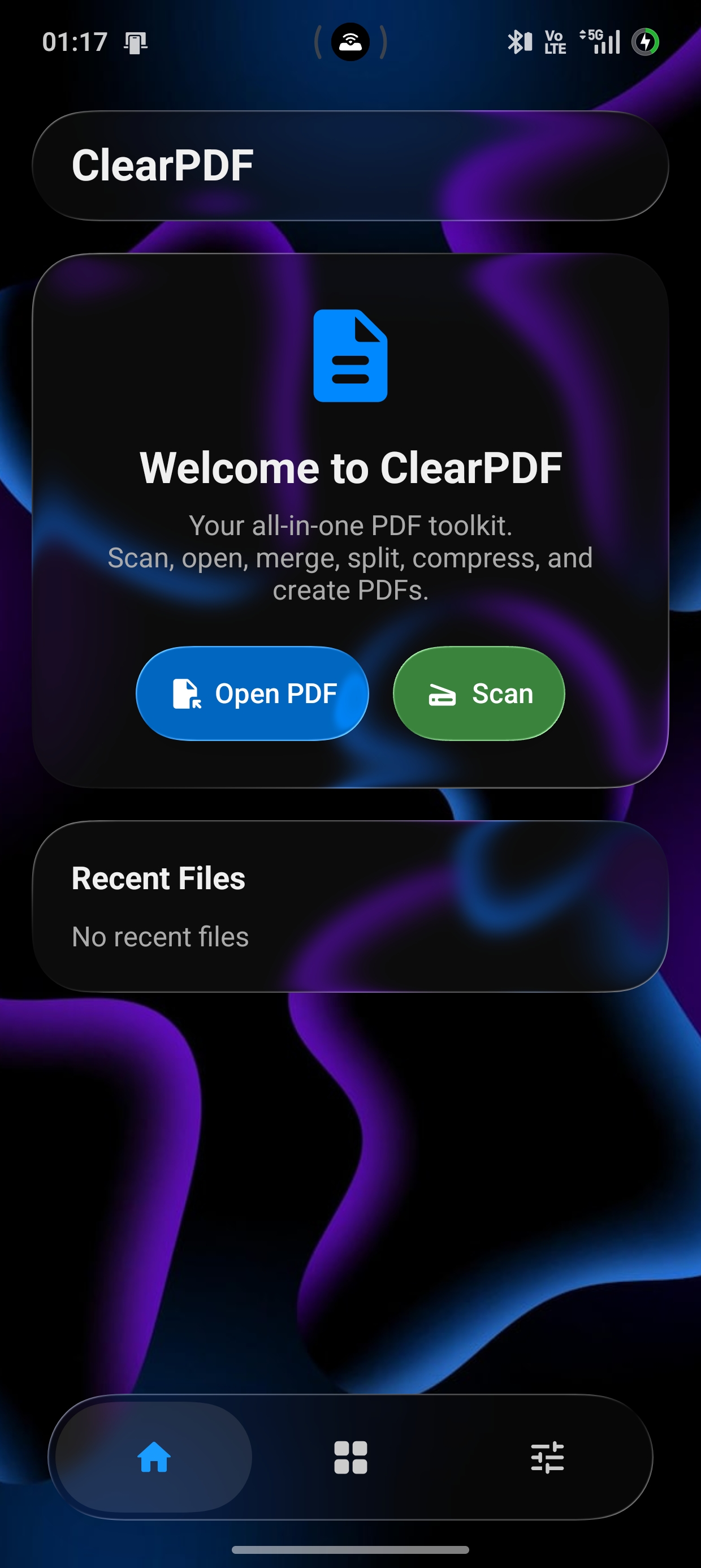 ClearPDF home screen in dark mode