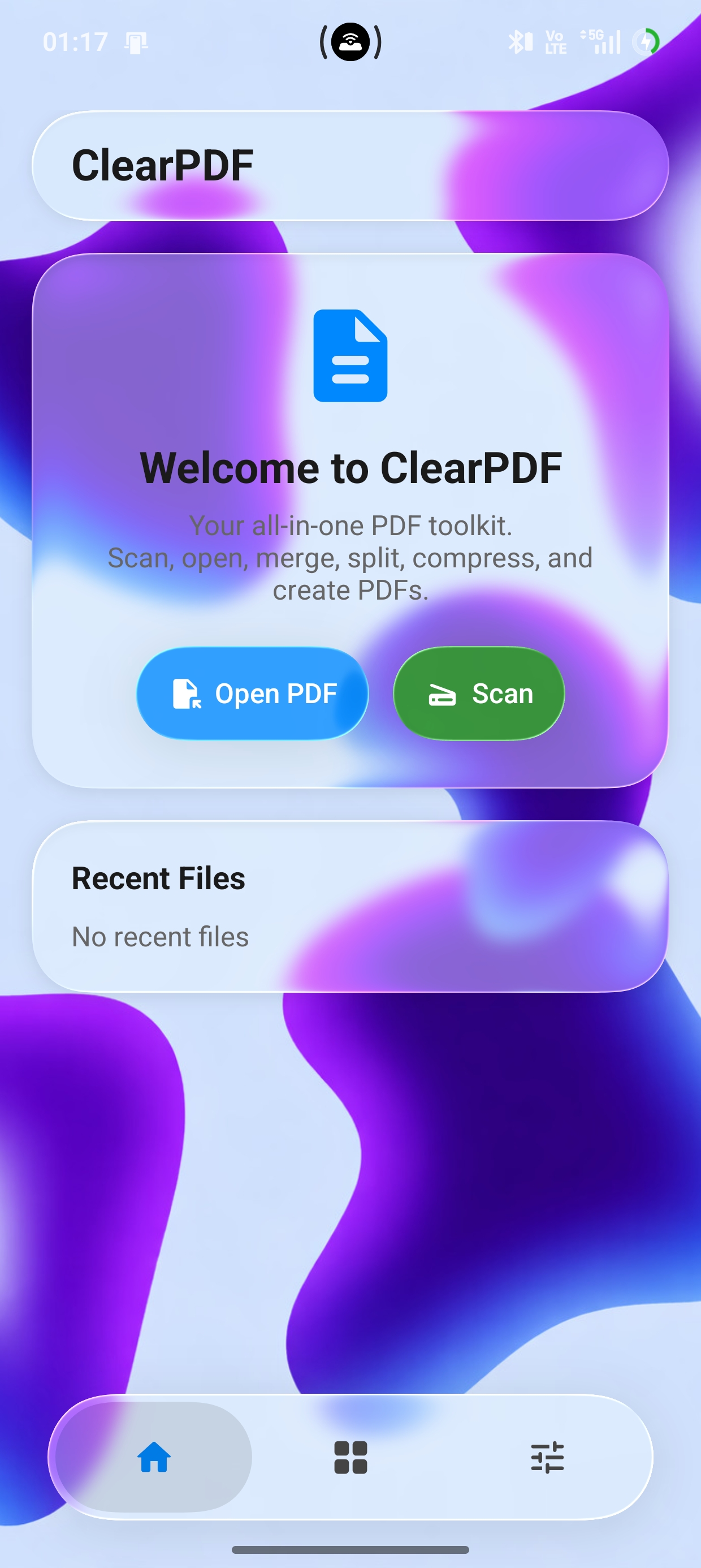 ClearPDF home screen in light mode
