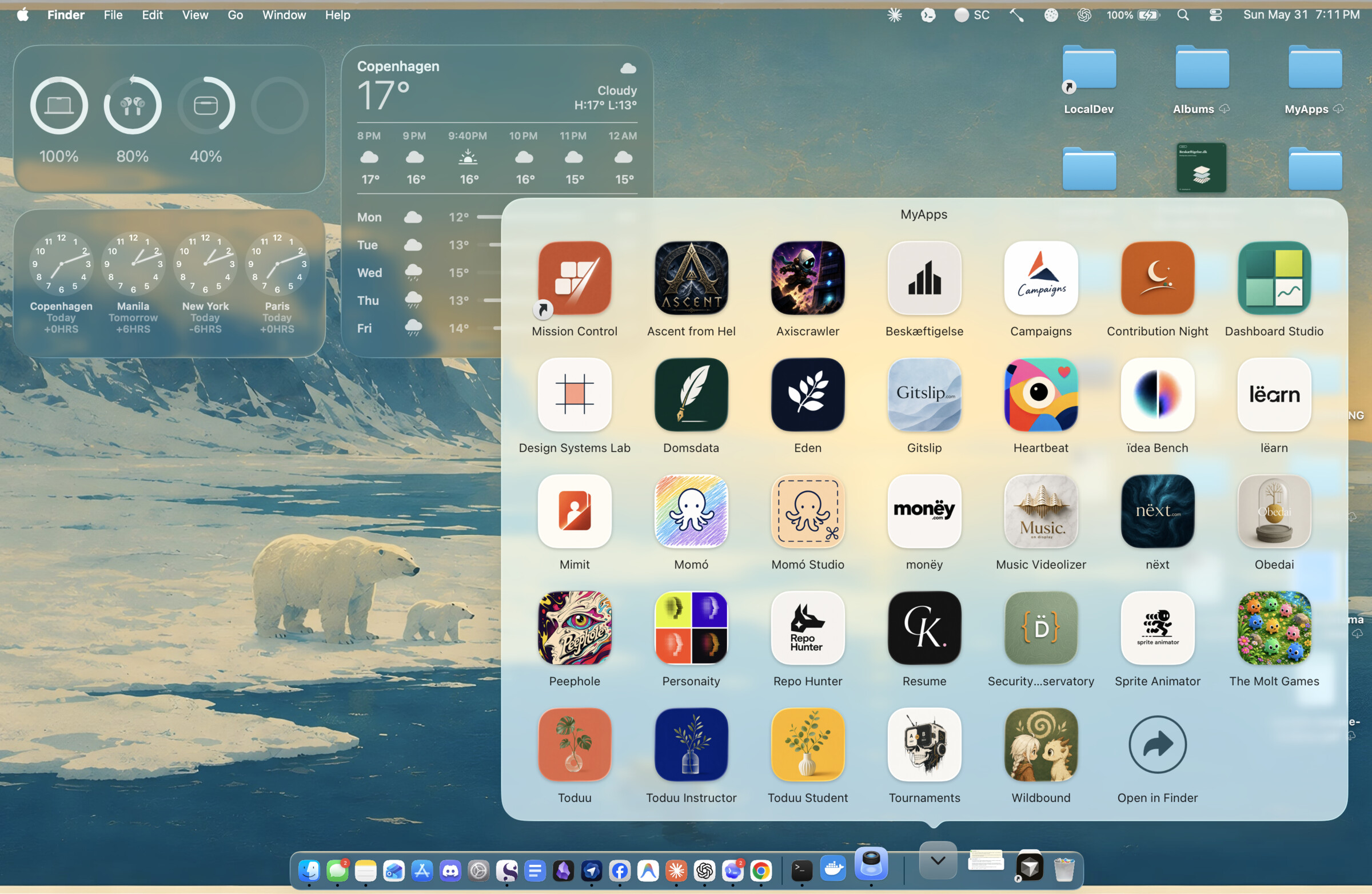 A real MyApps Dock Stack — Mission Control, Campaigns, monëy, Heartbeat, Repo Hunter and more, each with its own icon