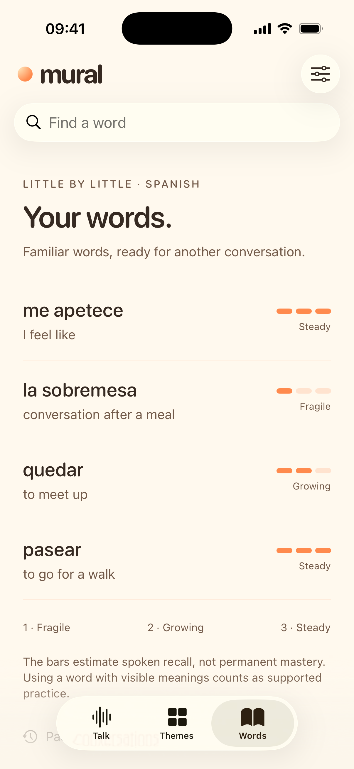 Spanish vocabulary with three levels of recall strength