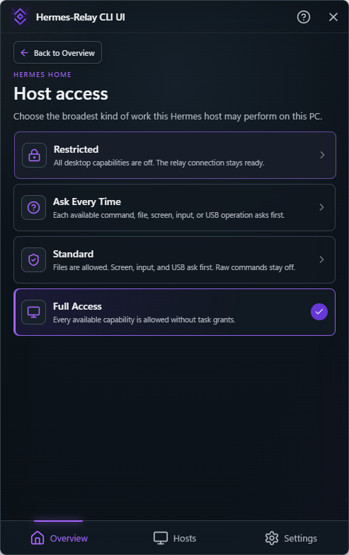 Hermes-Relay CLI UI host access presets