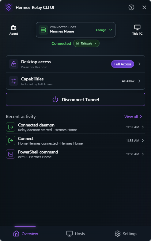 Hermes-Relay CLI UI connected overview