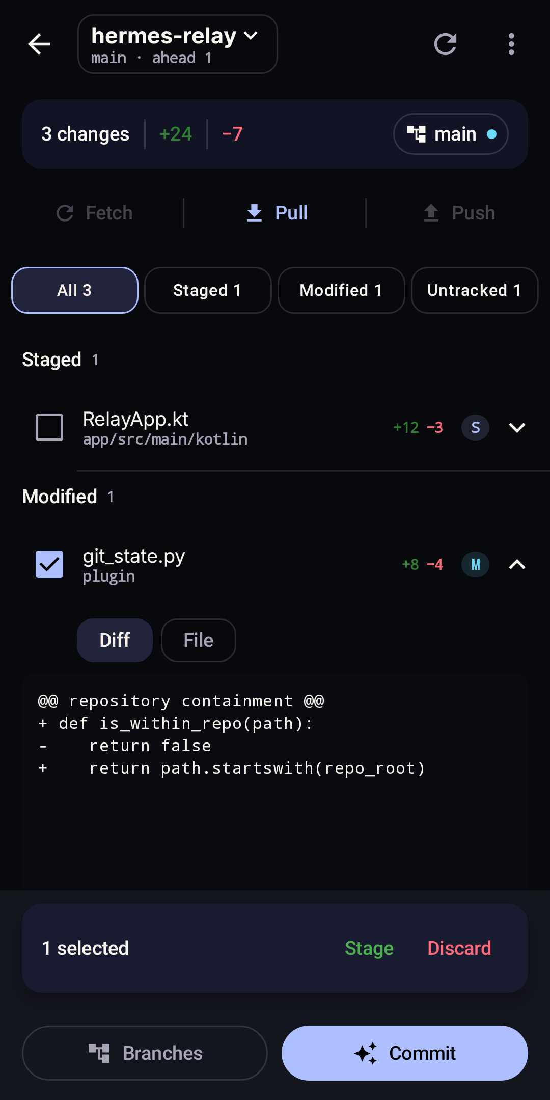 Native Git workspace showing repository changes, an inline diff, and staging controls