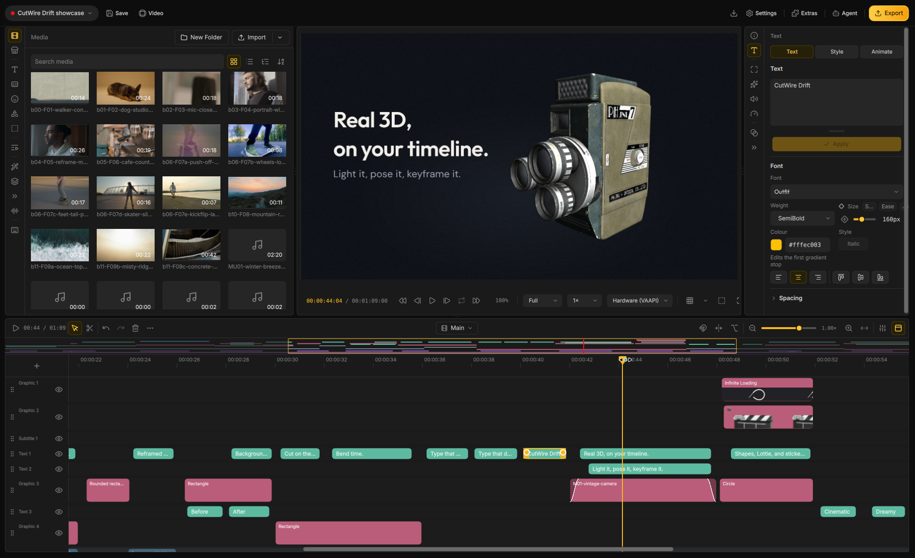 The Drift editor: media bin on the left, 3D camera in the preview, text inspector on the right, multi-track timeline below