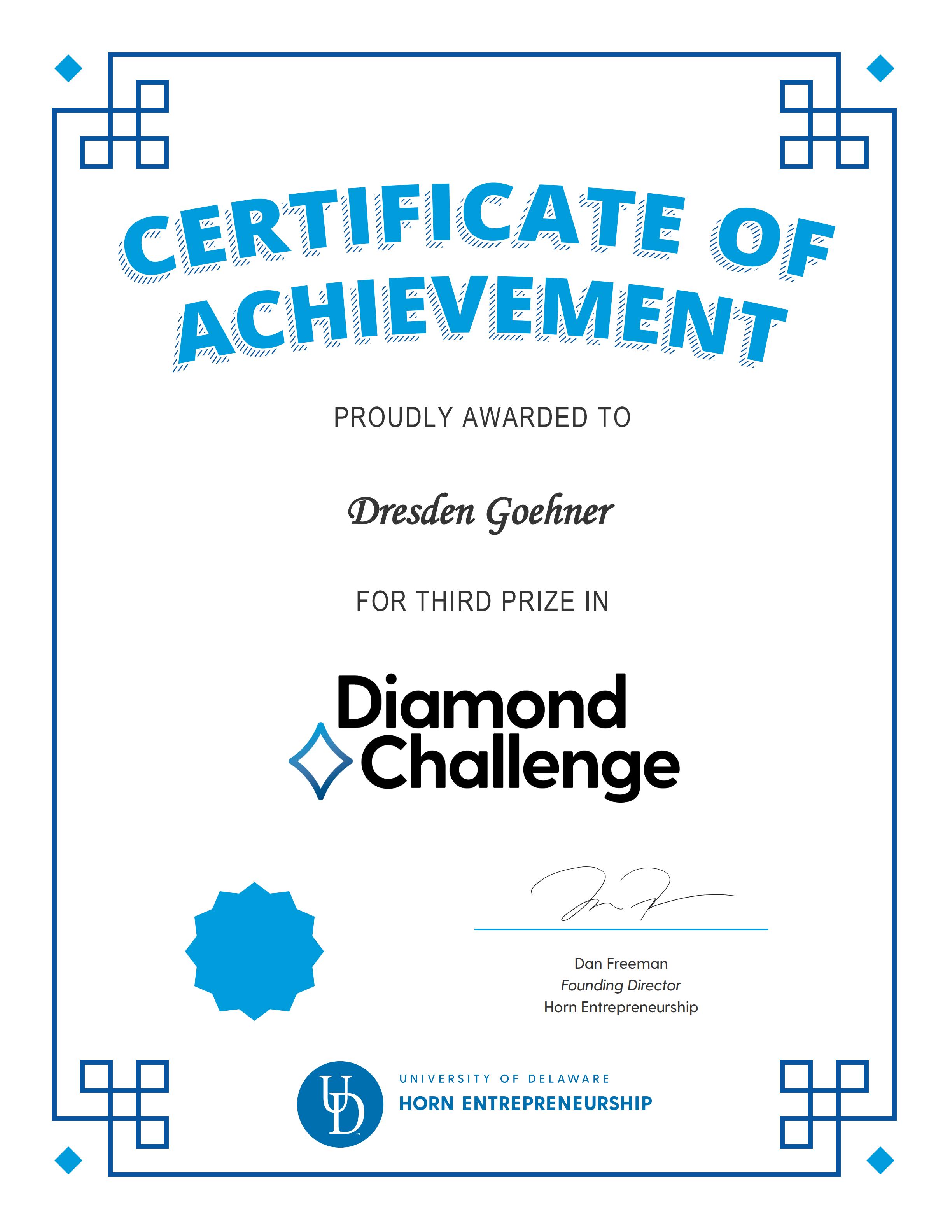 Certificate awarding Dresden Goehner Third Prize in Diamond Challenge