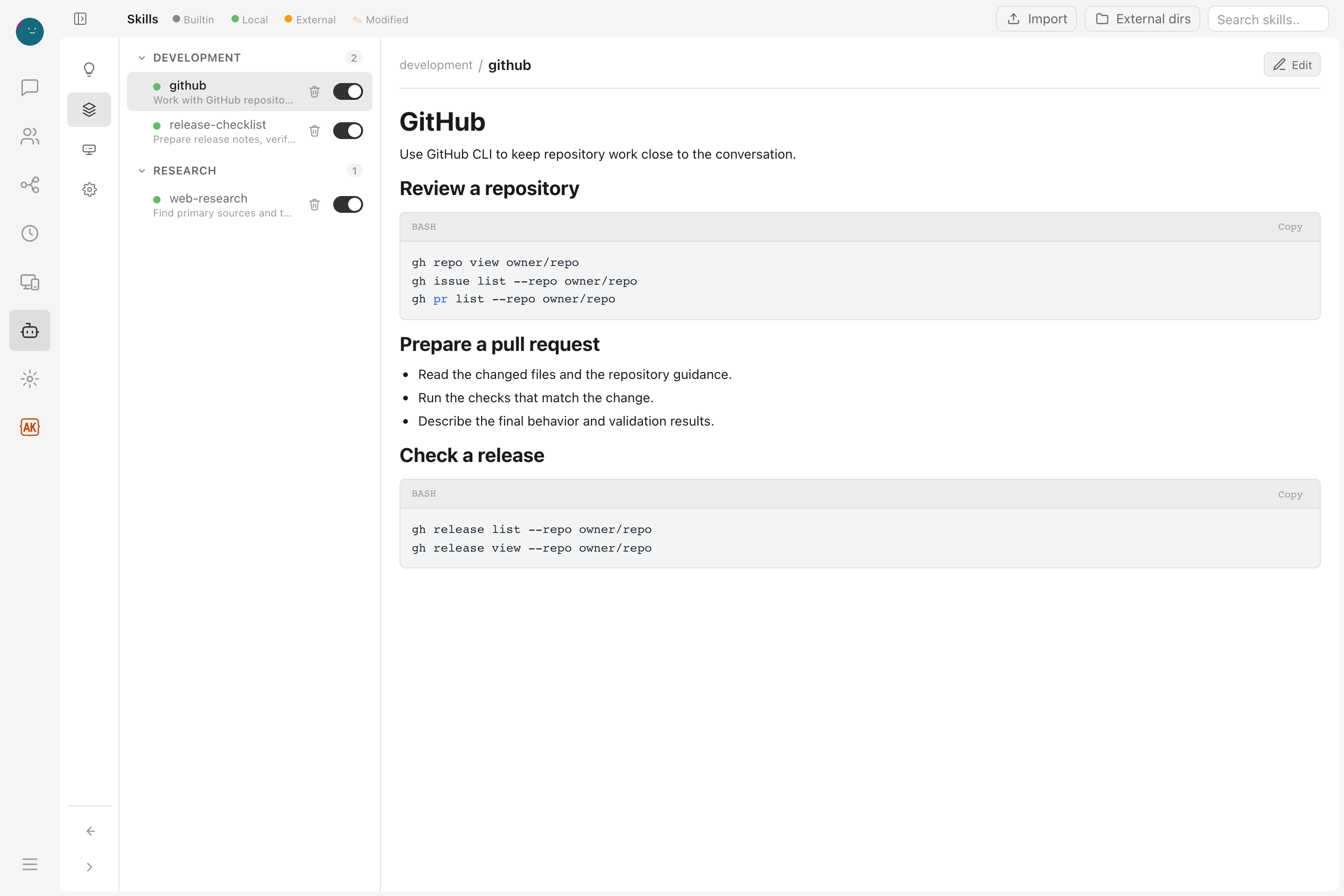 Ekko Agent Skills browser showing the GitHub skill