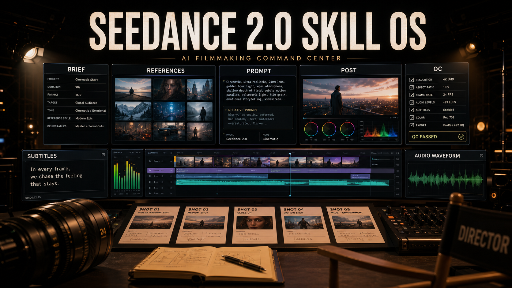 Seedance 2.0 command-center hero showing brief, references, prompt, post, QC, subtitles, audio waveform, and shot cards