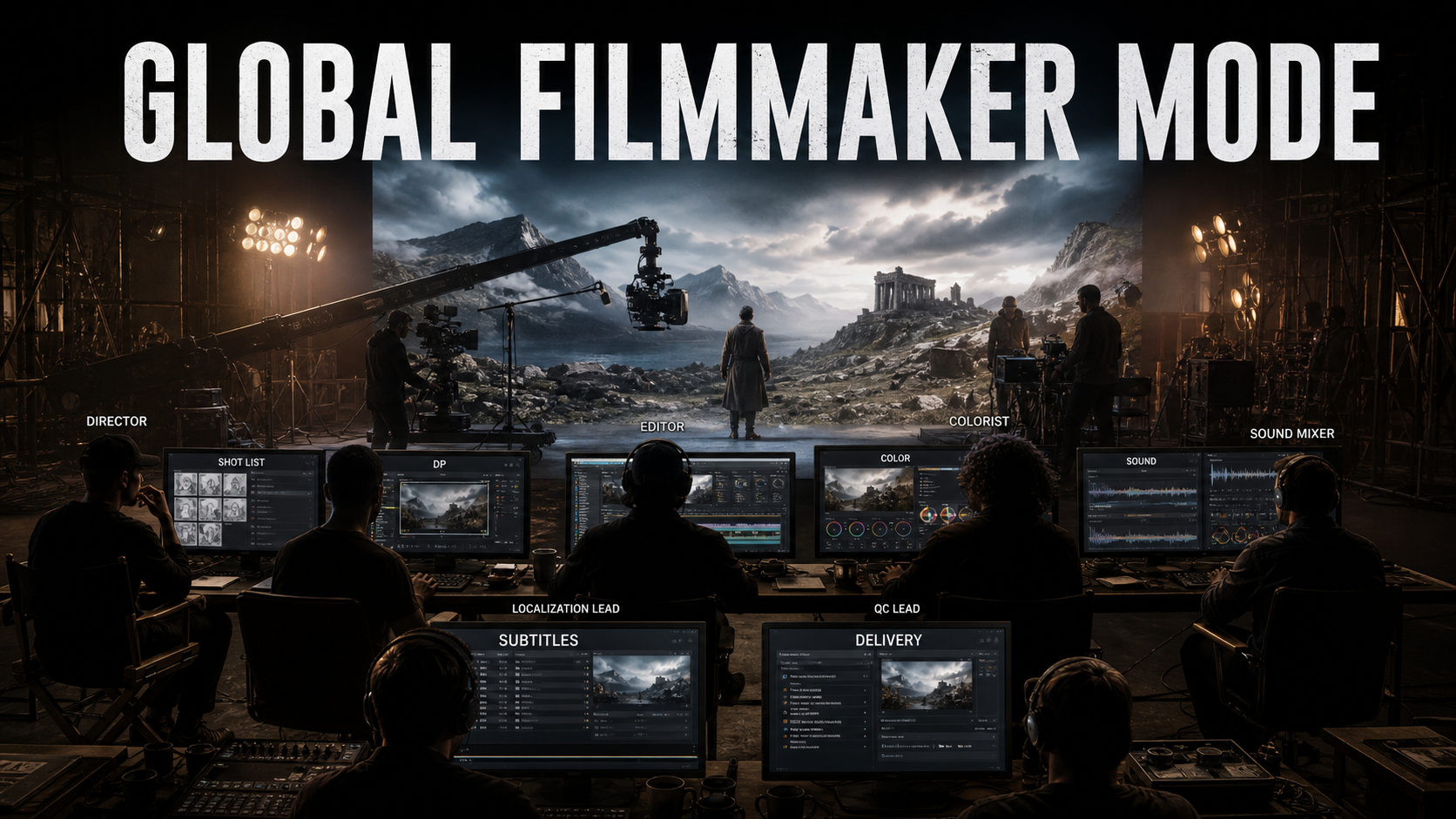 Global filmmaker mode hero showing director, DP, editor, colorist, sound mixer, localization lead, and QC lead on a cinematic production stage
