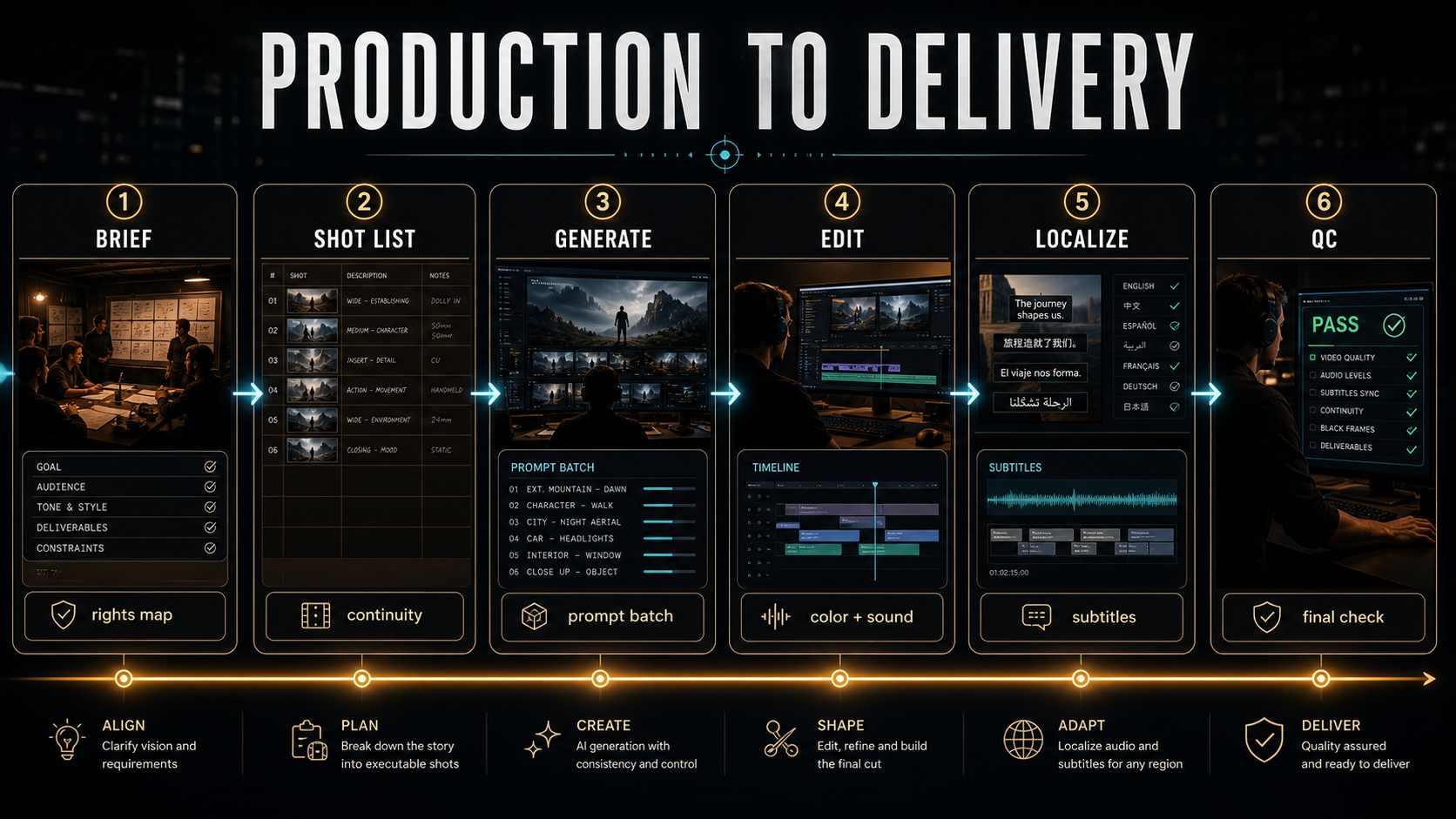 Production to delivery infographic: brief, shot list, generate, edit, localize, QC