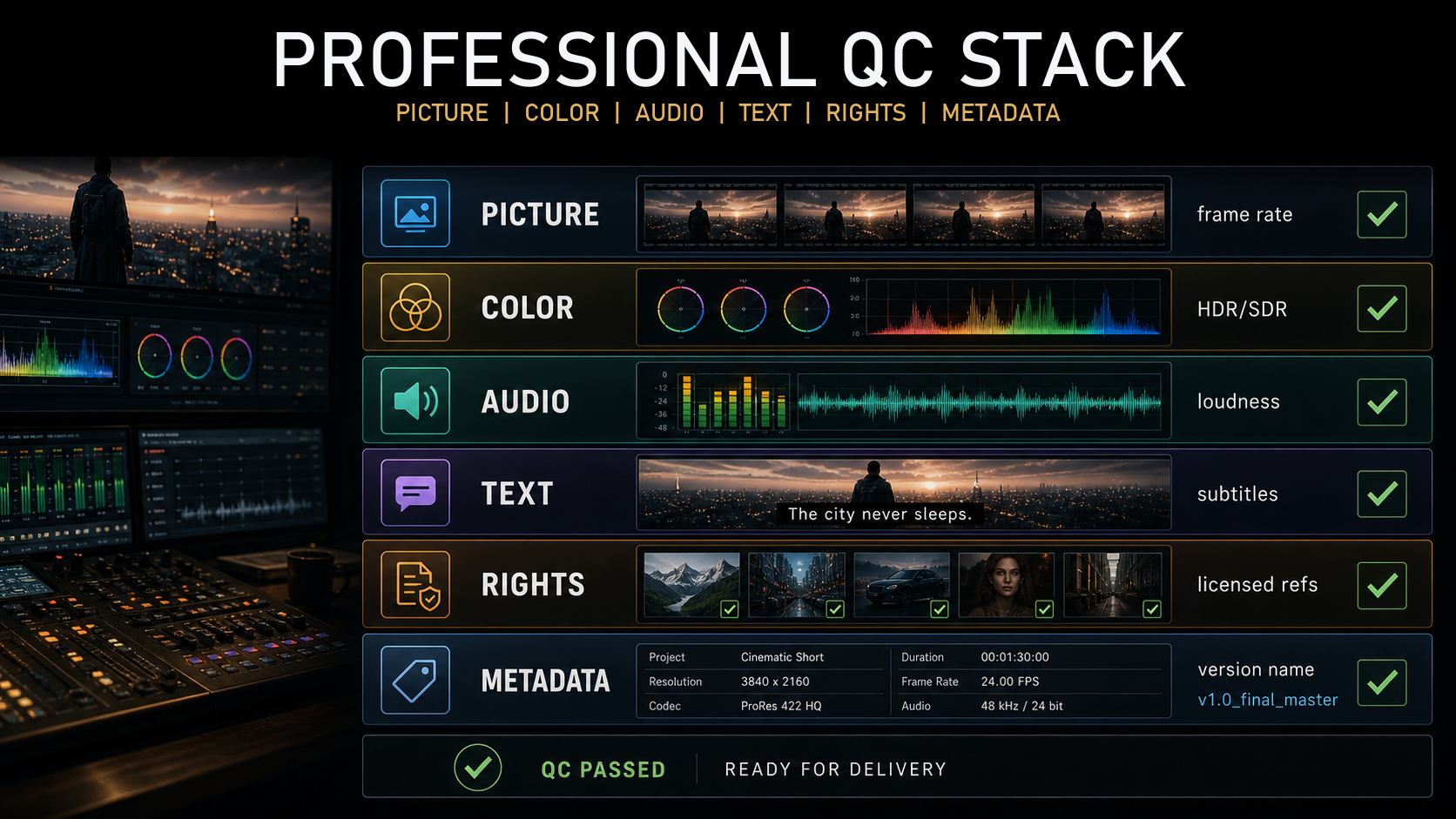 Professional QC stack infographic: picture, color, audio, text, rights, metadata
