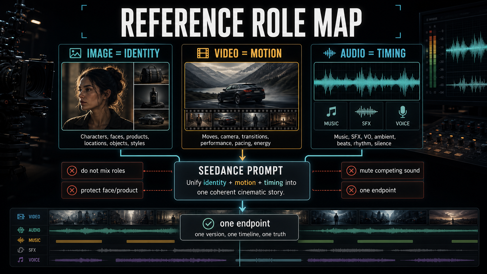 Reference role map infographic: image equals identity, video equals motion, audio equals timing