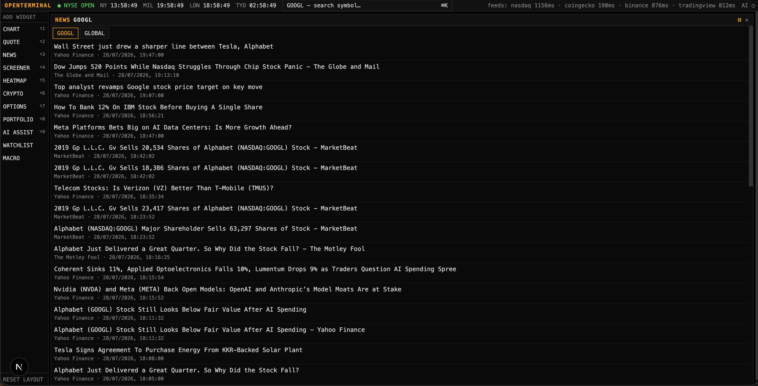Per-symbol and global news feed, aggregated and de-duplicated