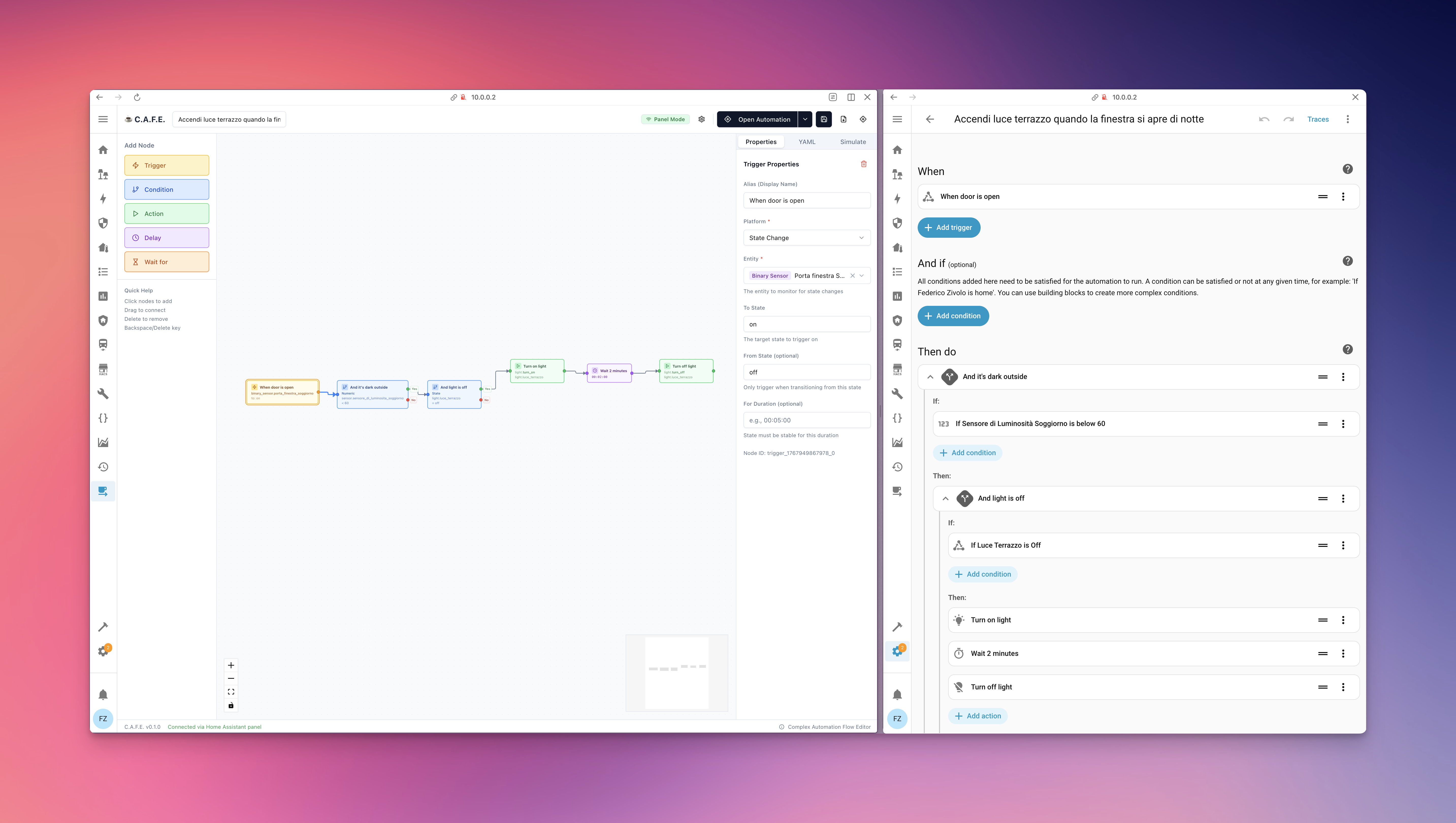 side by side image of CAFE editor and Home Assistant trace view
