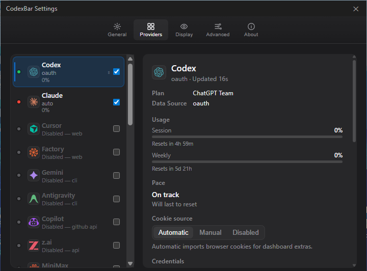 Settings — Providers tab