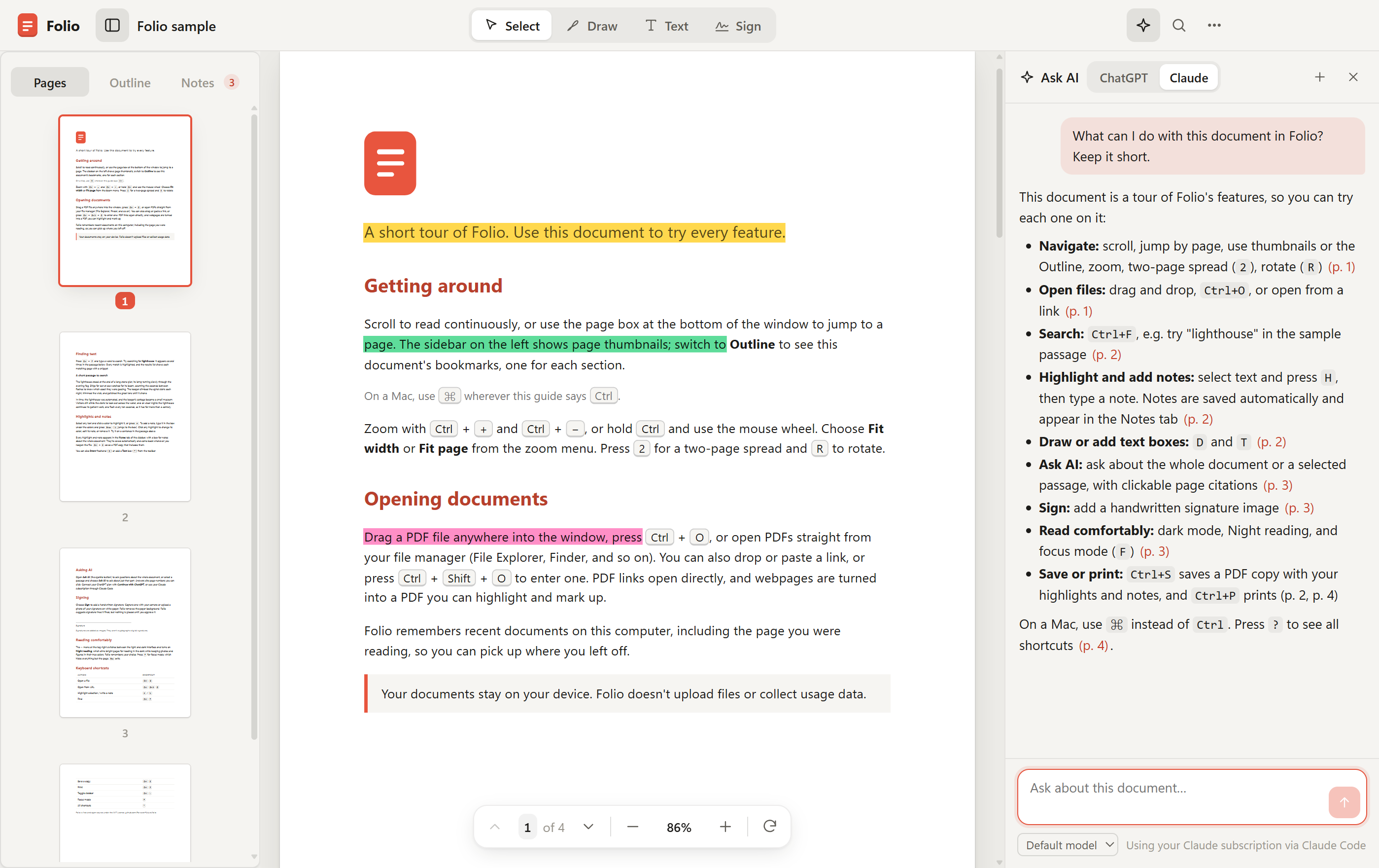 Folio with the Ask AI panel open, answering a question about the document with page citations