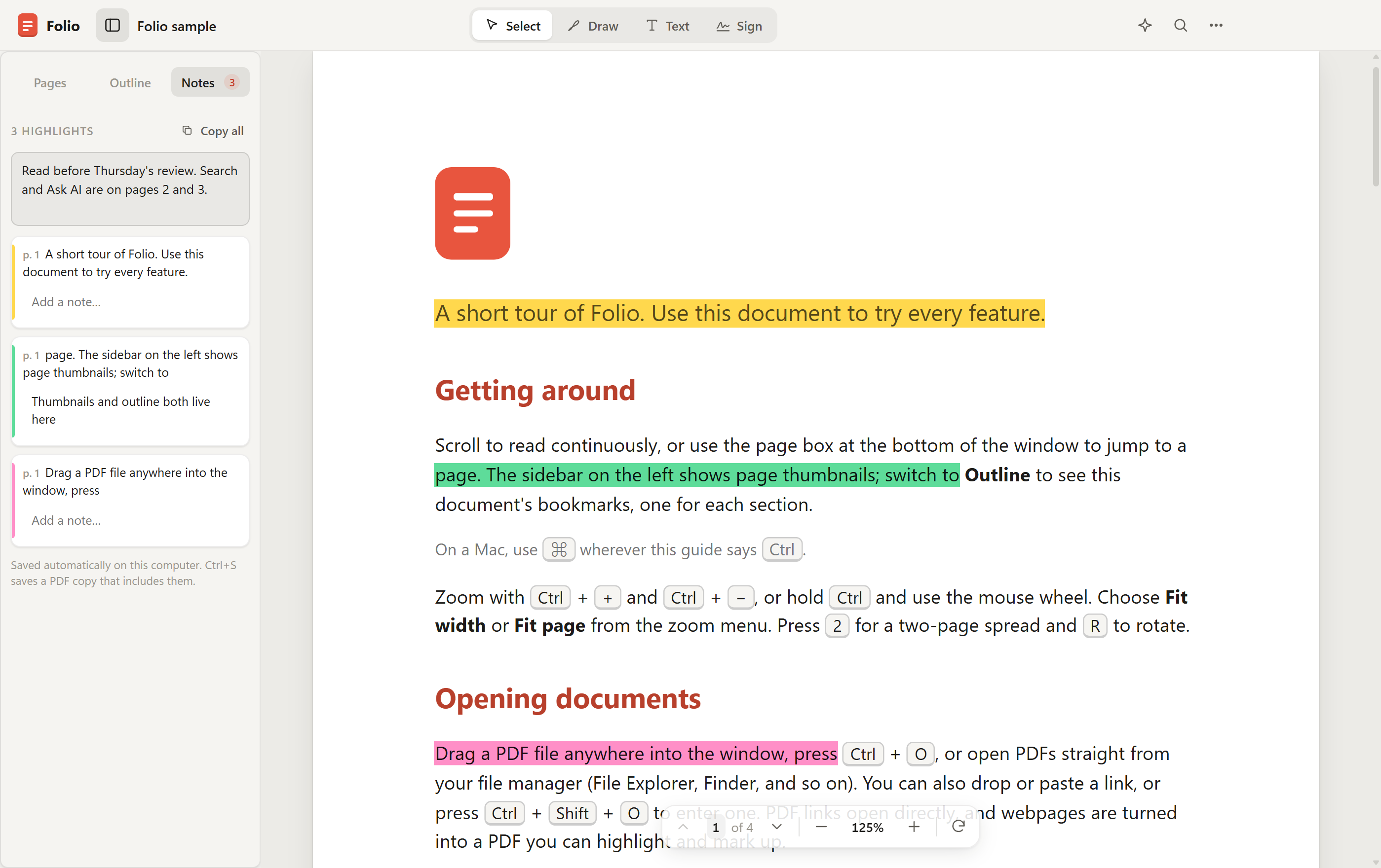 Color highlights in a document, with their notes in the sidebar