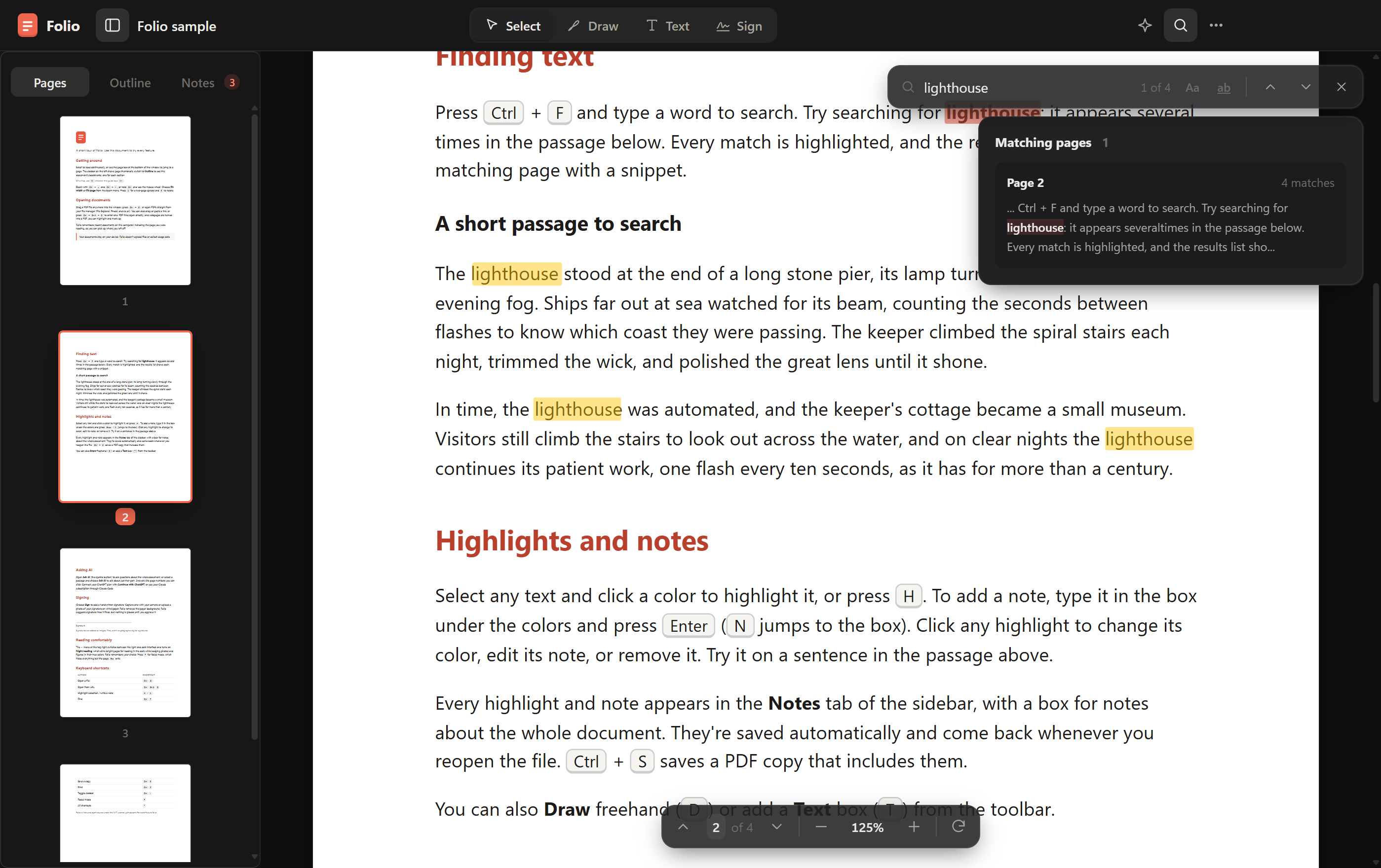 Searching a document in the dark theme, with every match highlighted and a list of matching pages