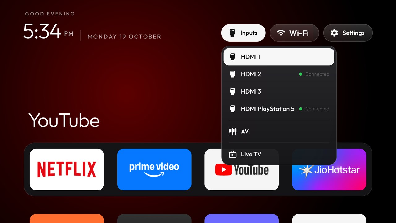 The Inputs popup: HDMI ports with what is connected, AV and Live TV