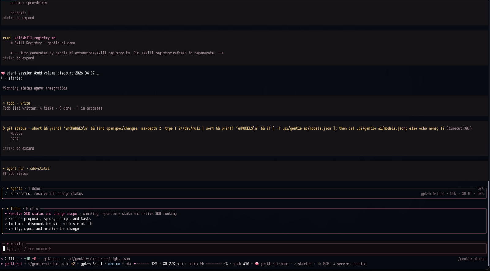 Gentle Shell development workspace with the todo list and live context and spend information